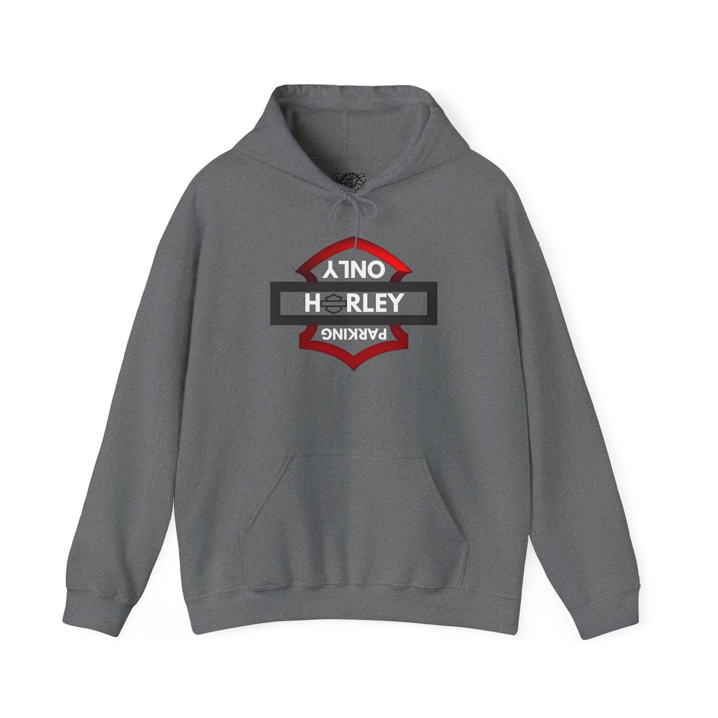 Biker Hoodie: Black/Red Harley Parking Only Upside Down w/White Lettering