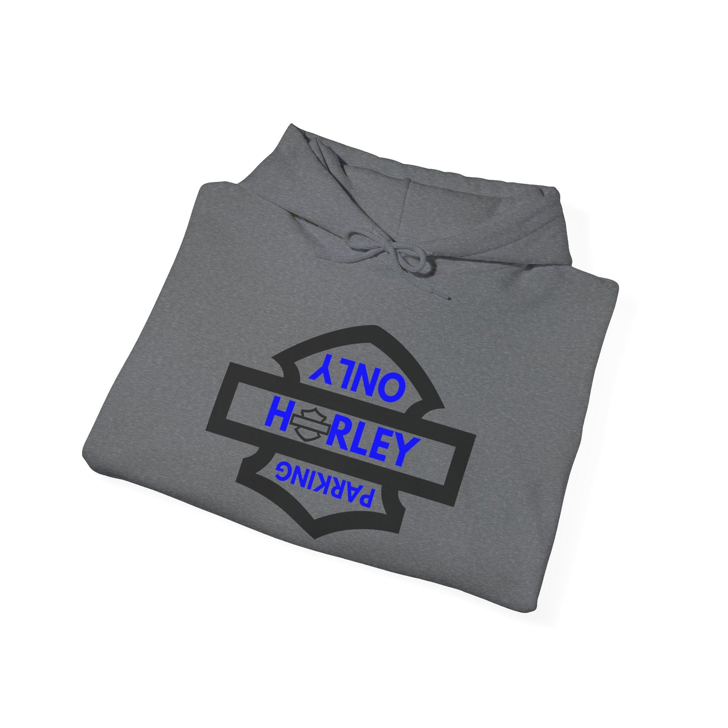 Biker Hoodie: Black Harley Parking Only Upside Down w/Blue Lettering