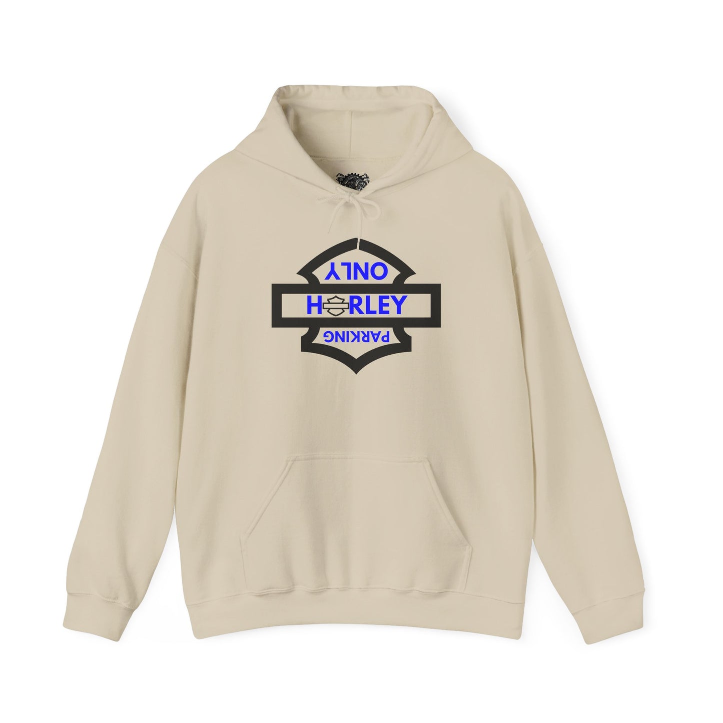 Biker Hoodie: Black Harley Parking Only Upside Down w/Blue Lettering
