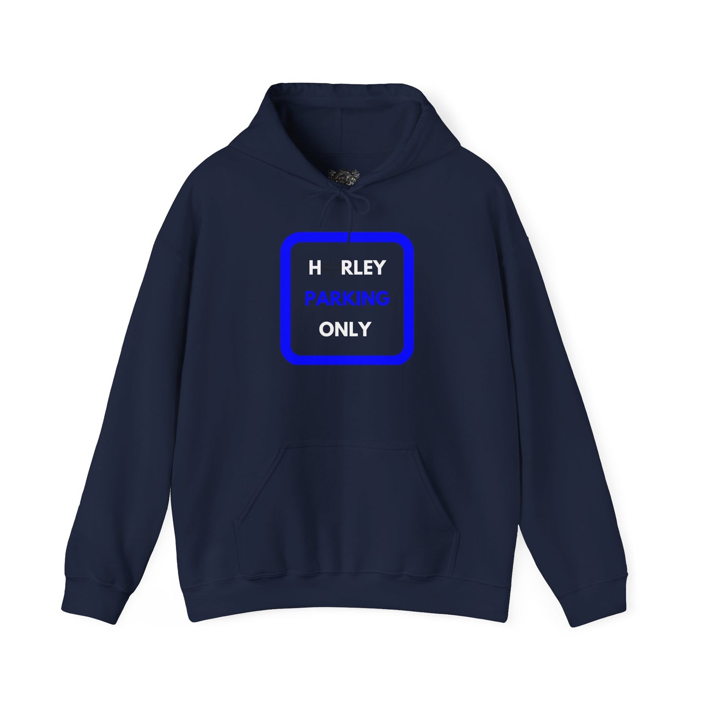 Biker Hoodie: Black Harley Parking Only w/White/Blue Lettering