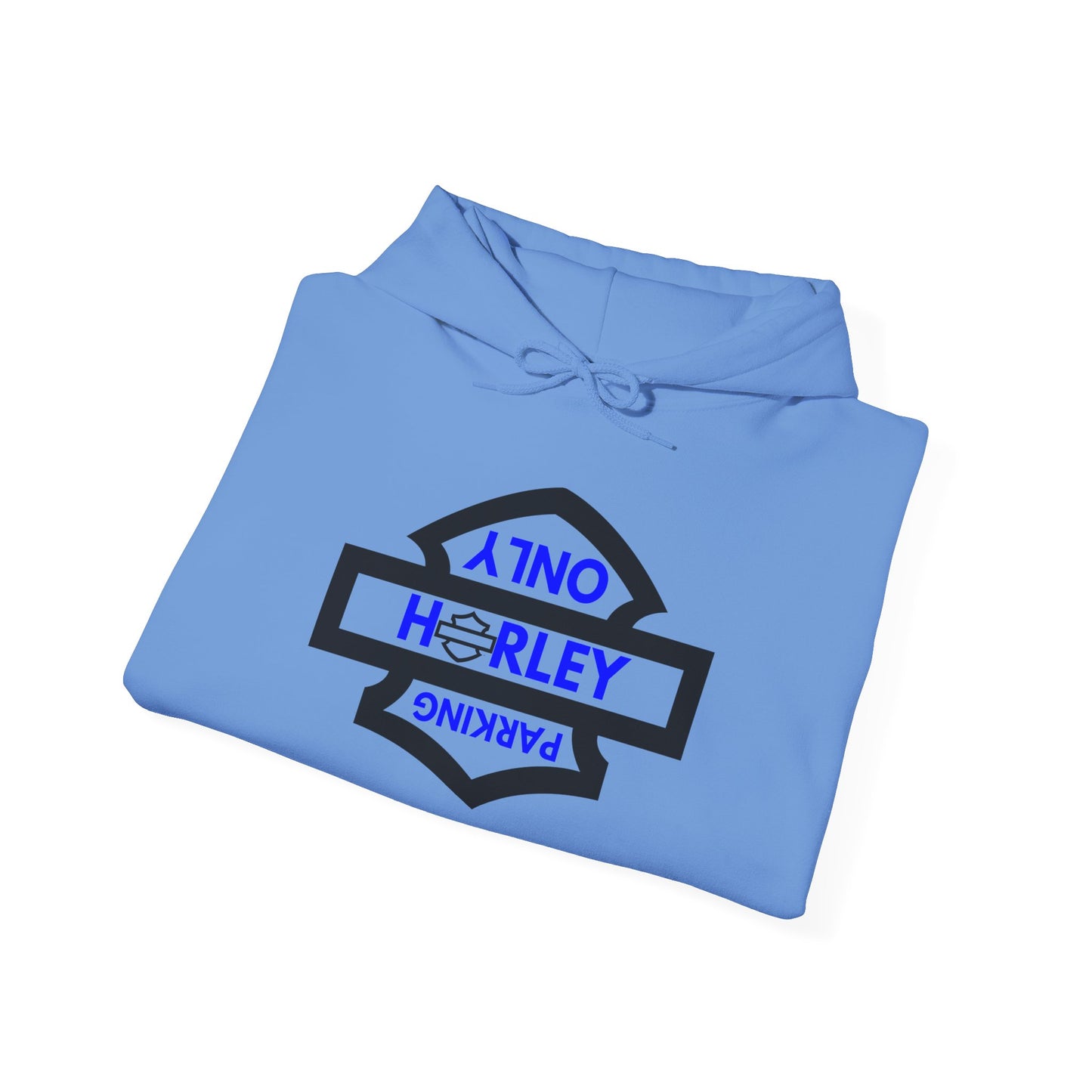 Biker Hoodie: Black Harley Parking Only Upside Down w/Blue Lettering