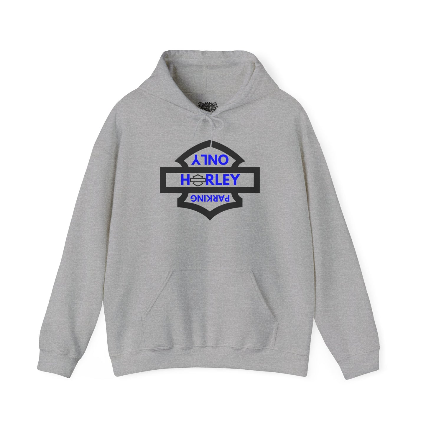 Biker Hoodie: Black Harley Parking Only Upside Down w/Blue Lettering